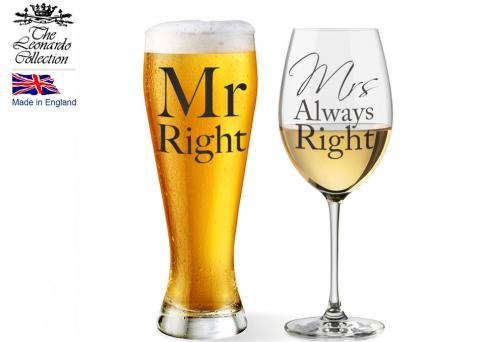 Komplet kieliszek do wina i kufel do piwa Mr & Mrs Right